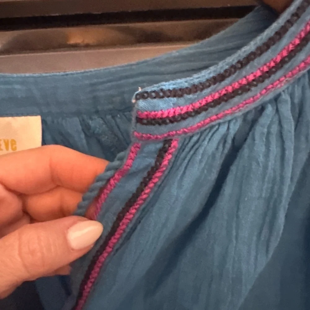 Anthropologie Blue Embroidered V-Neck Peasant Blouse with Pink Accents - Picture 5 of 5